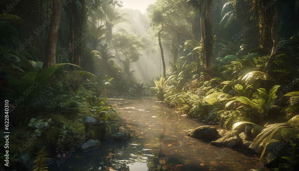 Tranquil scene in wet tropical rainforest mystery generated by AI