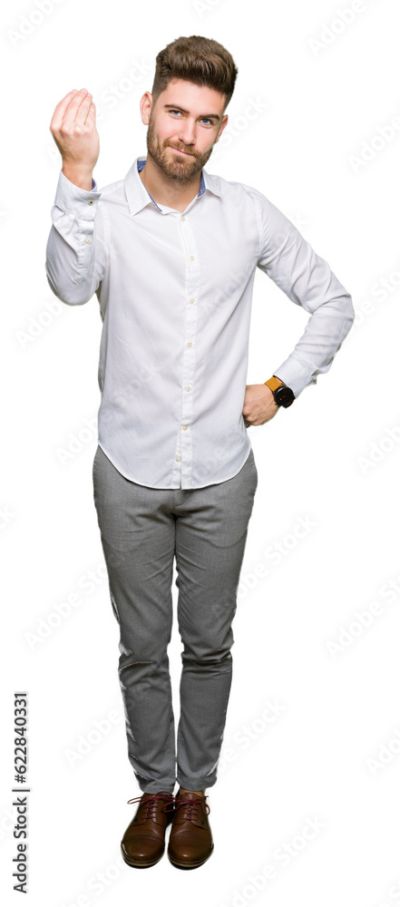 Young handsome business man Doing Italian gesture with hand and fingers confident expression