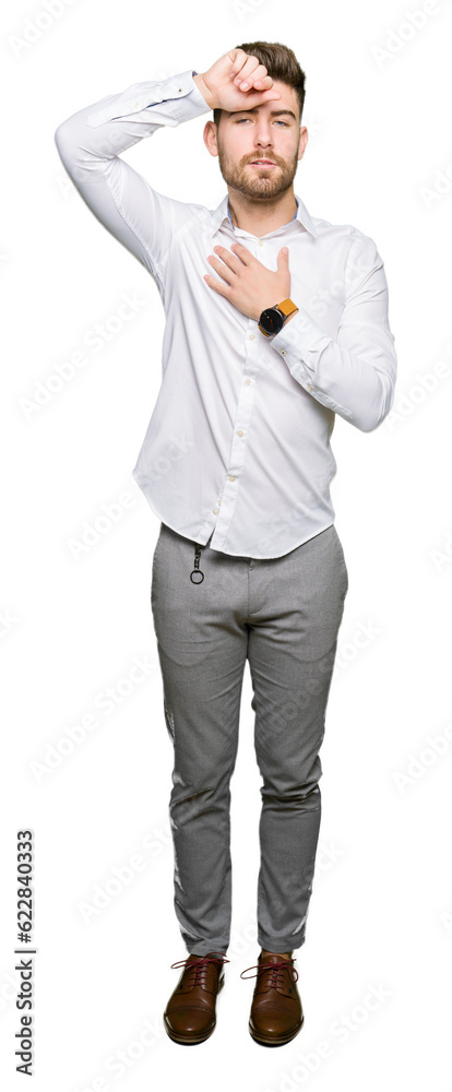 Young handsome business man Touching forehead for illness and fever, flu and cold, virus sick Young handsome business man Touching forehead for illness and fever, flu and cold, virus sick