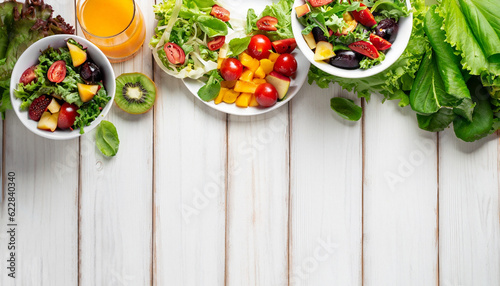 Fresh salad with fruits and greens on white wooden background top view with space for text. Healthy food.