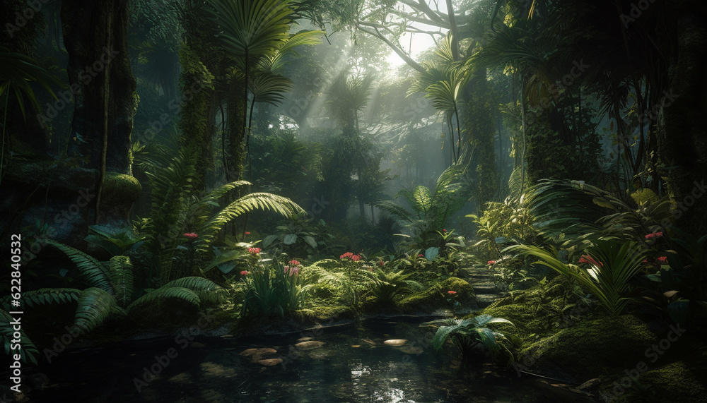Tranquil scene: Tropical rainforest, animals, and water generated by AI Tranquil scene: Tropical rainforest, animals, and water generated by AI