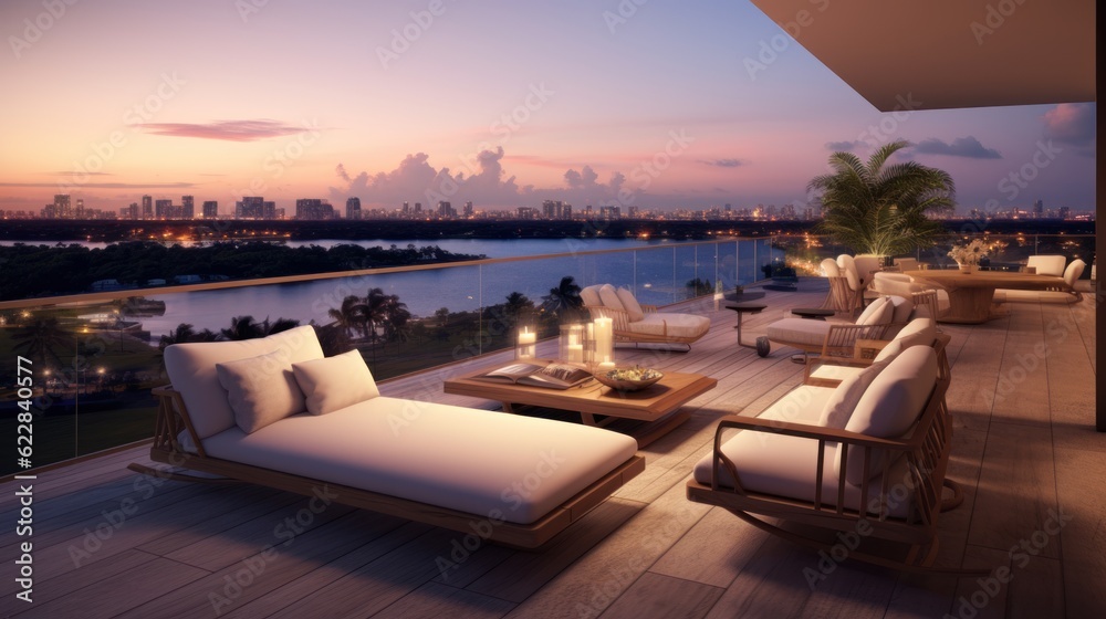Fototapeta premium Designated sunset viewing deck on the upper levels of your villa, providing a perfect spot to witness the breathtaking Miami sunset