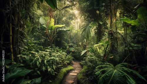 Tranquil footpath through lush tropical rainforest adventure generated by AI