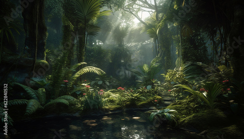 Tranquil scene  Tropical rainforest  animals  and water generated by AI