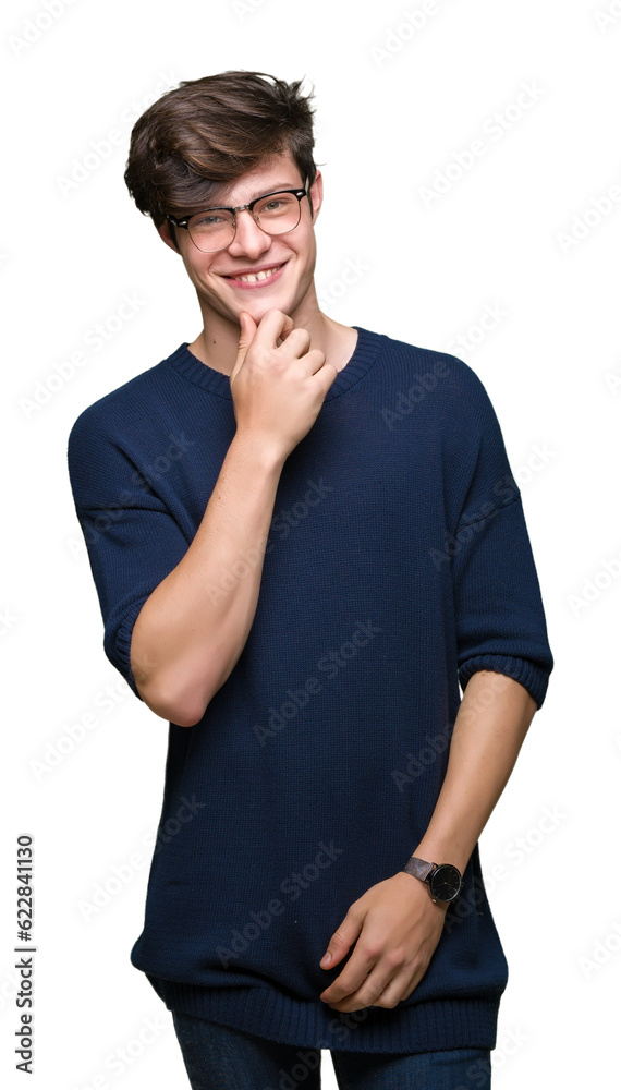 Young handsome man wearing glasses over isolated background with hand on chin thinking about question, pensive expression. Smiling with thoughtful face. Doubt concept. Young handsome man wearing glasses over isolated background with hand on chin thinking about question, pensive expression. Smiling with thoughtful face. Doubt concept.