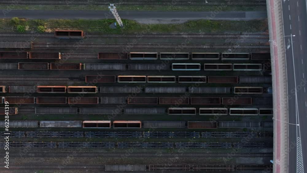 Close-up of freight trains. Empty wagons on the railway. Heavy industry. Industrial conceptual scene with trains. Close-up of freight trains. Empty wagons on the railway. Heavy industry. Industrial conceptual scene with trains.