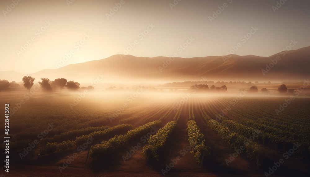 Tranquil sunrise over idyllic Italian vineyard landscape generated by AI