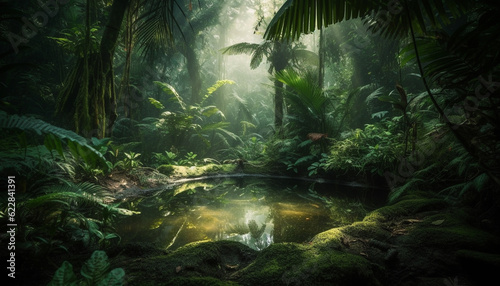 Tranquil scene in tropical rainforest  animals roam generated by AI