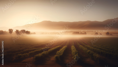 Tranquil sunrise over idyllic Italian vineyard landscape generated by AI