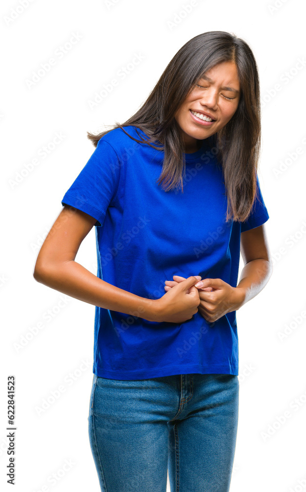 Young asian woman over isolated background with hand on stomach because nausea, painful disease feeling unwell. Ache concept. Young asian woman over isolated background with hand on stomach because nausea, painful disease feeling unwell. Ache concept.