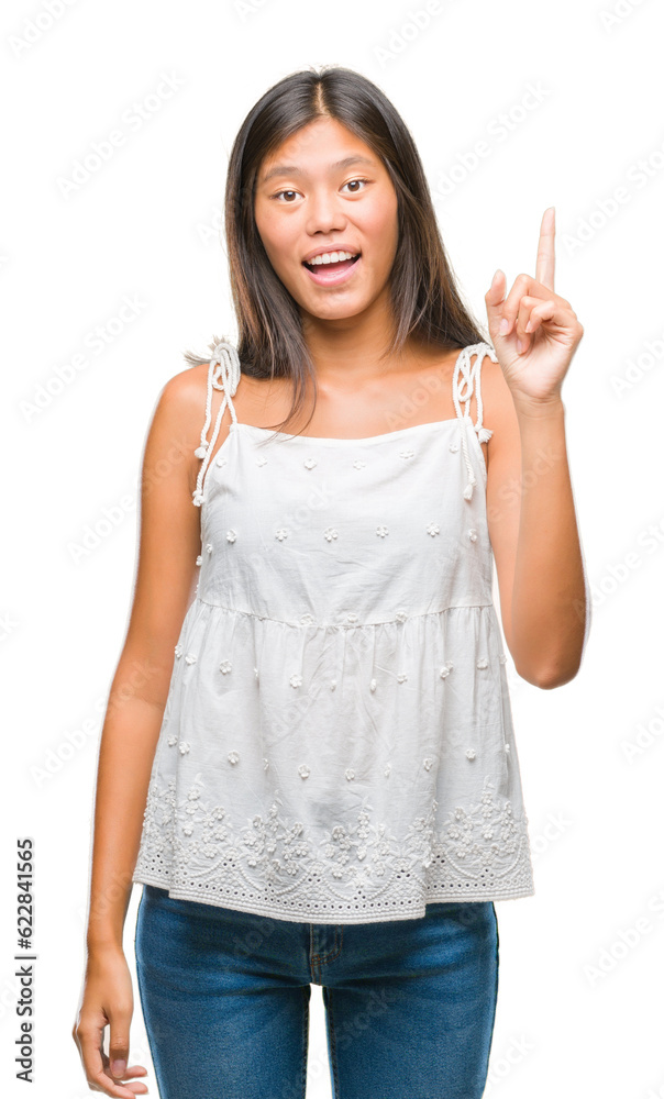 Young asian woman over isolated background pointing finger up with successful idea. Exited and happy. Number one. Young asian woman over isolated background pointing finger up with successful idea. Exited and happy. Number one.