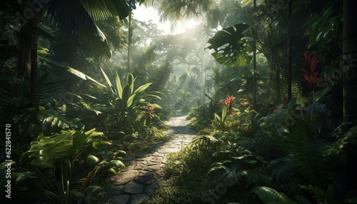 Tranquil footpath winds through tropical rainforest beauty generated by AI