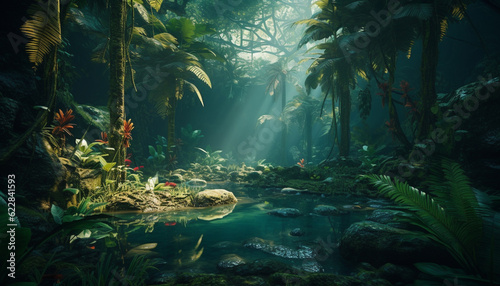 A tranquil scene in the tropical rainforest generated by AI