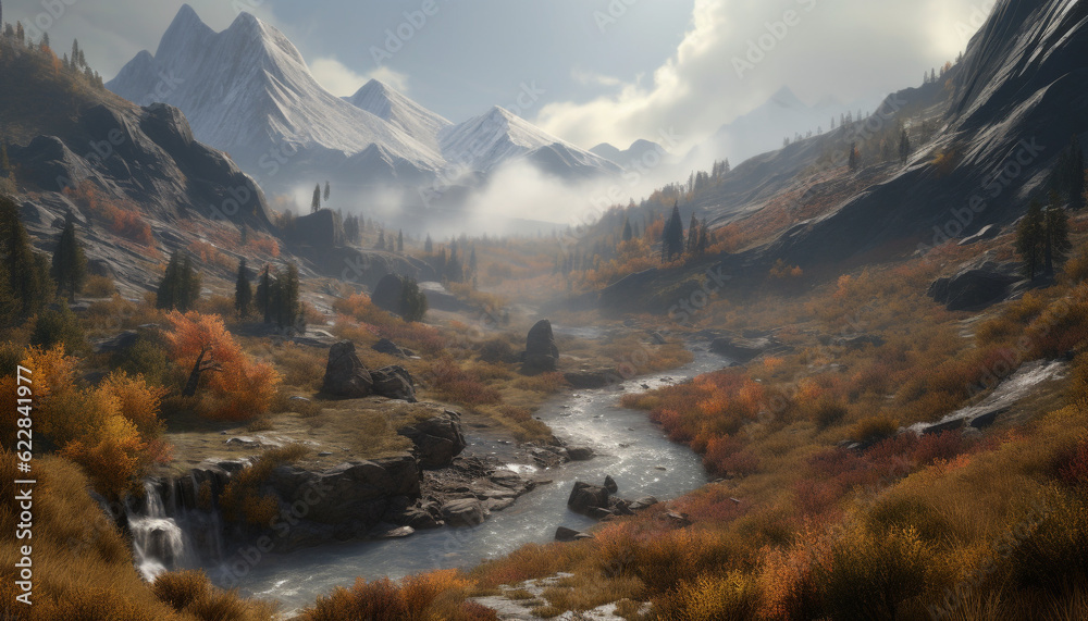 Tranquil autumn meadow, mountain peak reflects beauty generated by AI