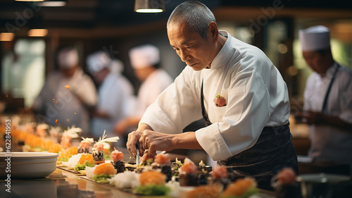 cuoco giapponese che fa una cooking class con persone anziane, cuoco giapponese sorridente che prepara il sushi