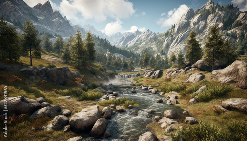 Majestic mountain range reflects tranquil sunlight on water generated by AI