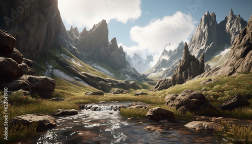 Majestic mountain range, tranquil meadow, flowing water generated by AI