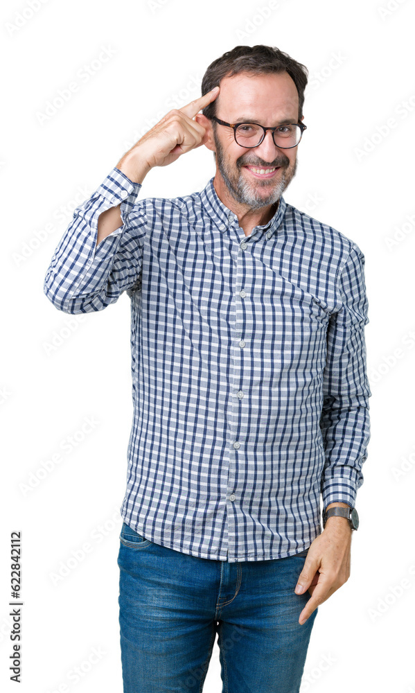 Handsome middle age elegant senior man wearing glasses over isolated background Smiling pointing to head with one finger, great idea or thought, good memory Handsome middle age elegant senior man wearing glasses over isolated background Smiling pointing to head with one finger, great idea or thought, good memory