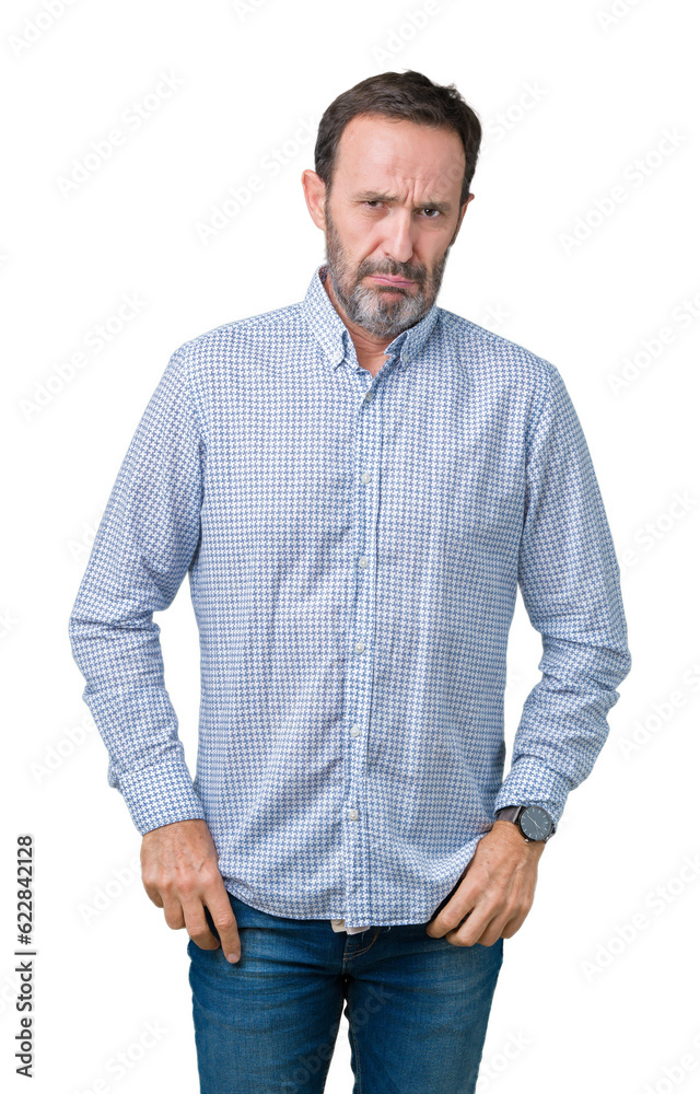 Handsome middle age elegant senior man over isolated background depressed and worry for distress, crying angry and afraid. Sad expression. Handsome middle age elegant senior man over isolated background depressed and worry for distress, crying angry and afraid. Sad expression.