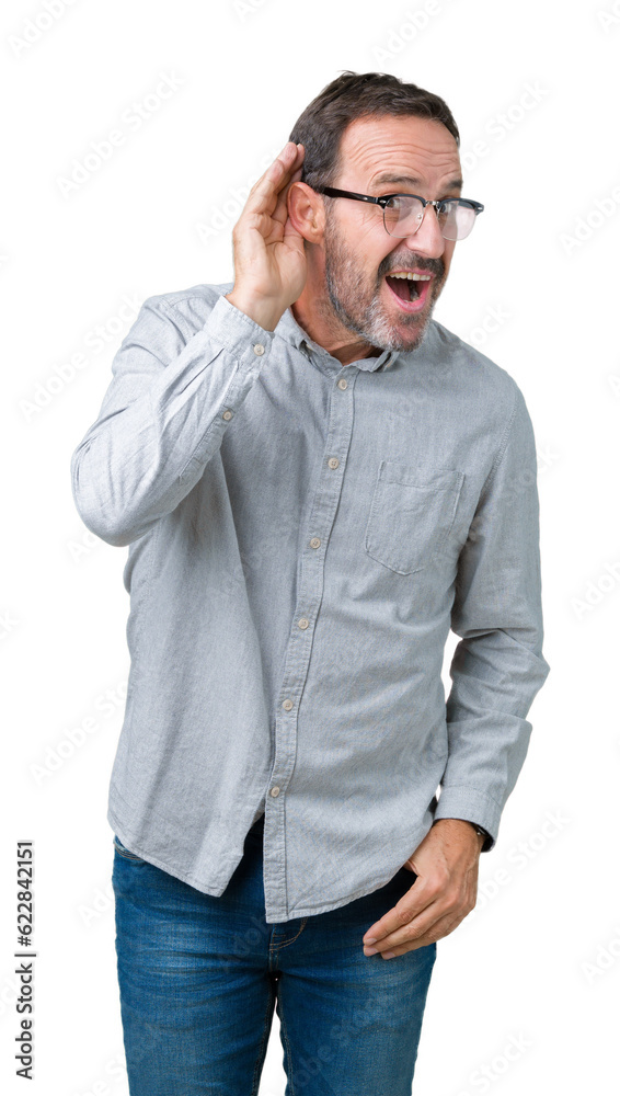 Handsome middle age elegant senior man wearing glasses over isolated background smiling with hand over ear listening an hearing to rumor or gossip. Deafness concept. Handsome middle age elegant senior man wearing glasses over isolated background smiling with hand over ear listening an hearing to rumor or gossip. Deafness concept.
