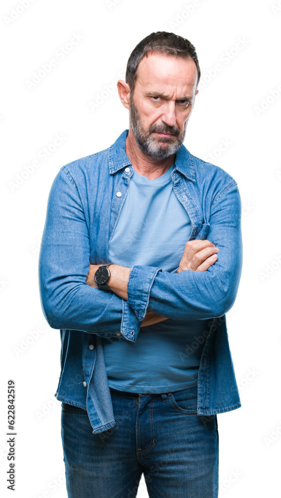Middle age hoary senior man over isolated background skeptic and nervous, disapproving expression on face with crossed arms. Negative person. Middle age hoary senior man over isolated background skeptic and nervous, disapproving expression on face with crossed arms. Negative person.