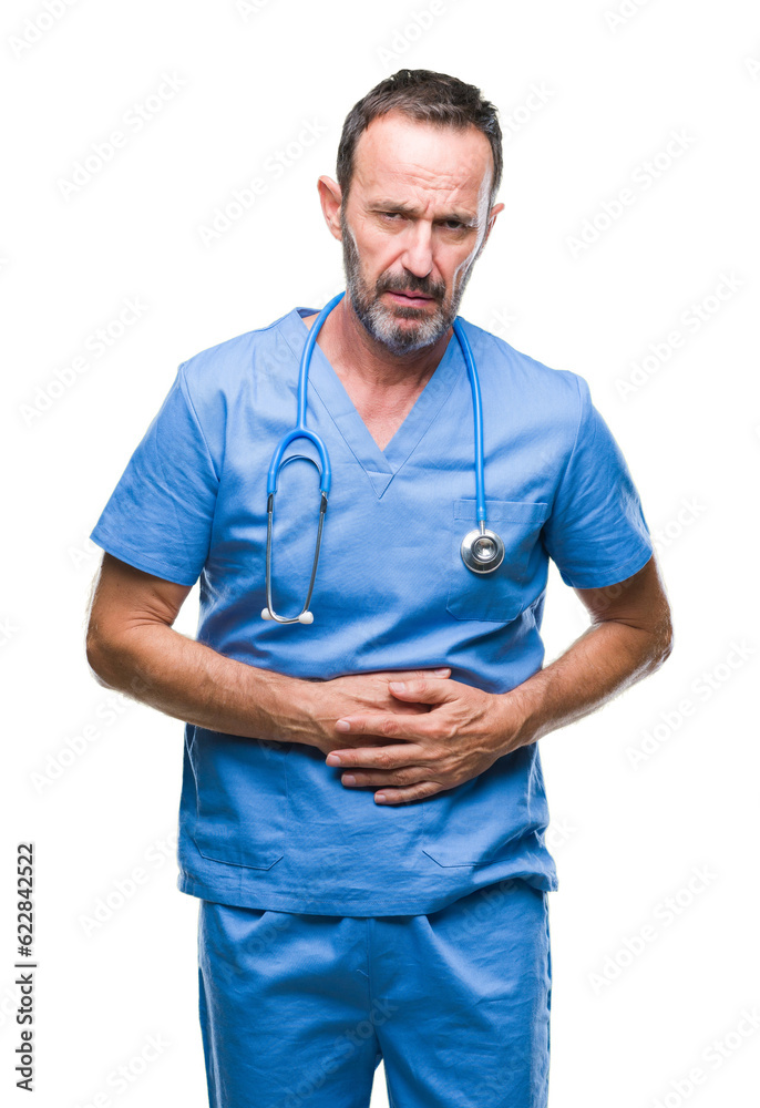 Middle age hoary senior doctor man wearing medical uniform over isolated background with hand on stomach because indigestion, painful illness feeling unwell. Ache concept. Middle age hoary senior doctor man wearing medical uniform over isolated background with hand on stomach because indigestion, painful illness feeling unwell. Ache concept.
