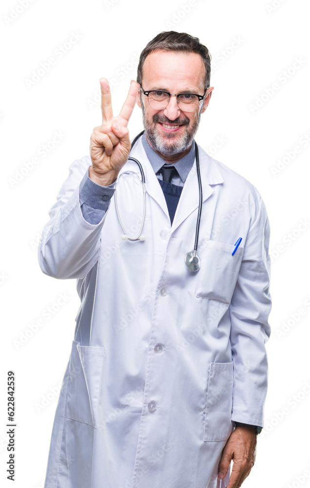 Middle age senior hoary doctor man wearing medical uniform isolated background showing and pointing up with fingers number two while smiling confident and happy. Middle age senior hoary doctor man wearing medical uniform isolated background showing and pointing up with fingers number two while smiling confident and happy.