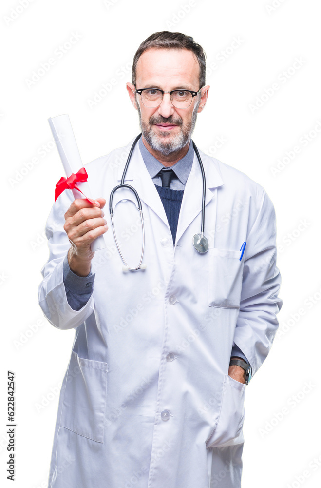 Middle age senior hoary doctor man holding degree certificate over isolated background with a confident expression on smart face thinking serious Middle age senior hoary doctor man holding degree certificate over isolated background with a confident expression on smart face thinking serious