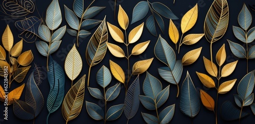 seamless pattern with green, blue, and golden leaves Generative AI © SKIMP Art