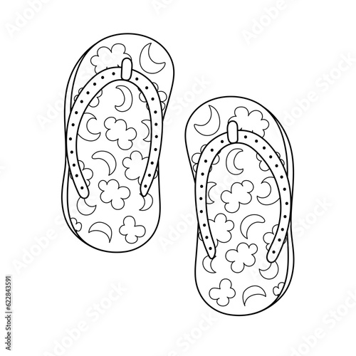 Doodle flip flop shoes coloring page. Pair summer slippers print. Hand drawn shoes in outline. Vector illustration
