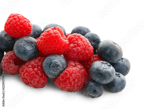 Ripe raspberry and blueberry on white background, closeup