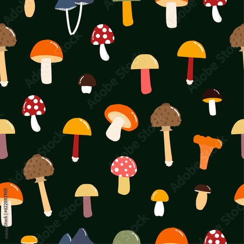 Hand drawn scandinavian seamless patterns with different mushrooms and amanita. Flat vector illustration. Autumn texture for thanksgiving, harvest and halloween 