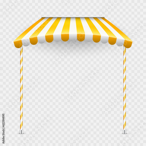 Yellow shop sunshade with stand holders. Realistic striped cafe awning. Outdoor market tent. Roof canopy. Summer street store. Vector illustration