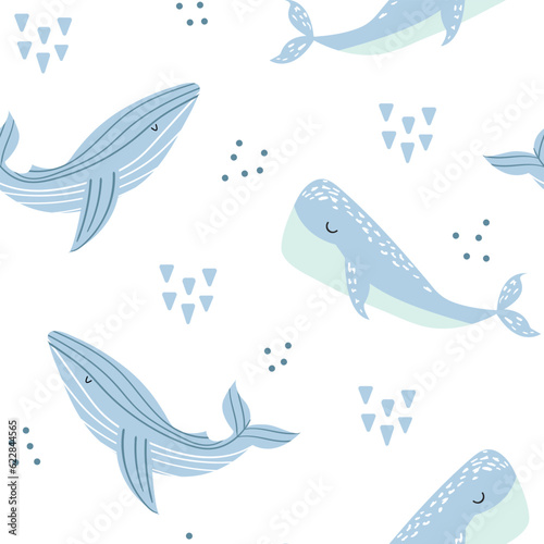Seamless pattern with cute whales. Creative children's texture in Scandinavian style. Whales in pastel colors. Suitable for fabric, textiles, clothes for newborns. Marine theme. Vector illustration.