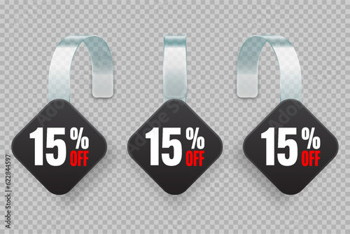 Supermarket promotional wobblers. Realistic black wobbler template for shelf advertising, 15 percent off discount. Sale label with ad text. Special offer price tag. Vector illustration