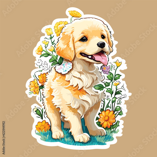 Cute Baby Golden Retriever Dog Watercolor Sticker Art Illustration Vector Design