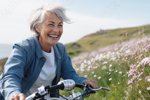 Fotografiet A senior woman riding a bike down a grass covered hillside