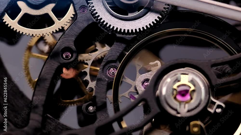 gear drive motion in skeleton watch. Mechanical watches with gears and cogs. Watch or clock mechanism. Clockwork details and parts. Inside watch, mechanical watch in macro view. Macro Shot Clock Face