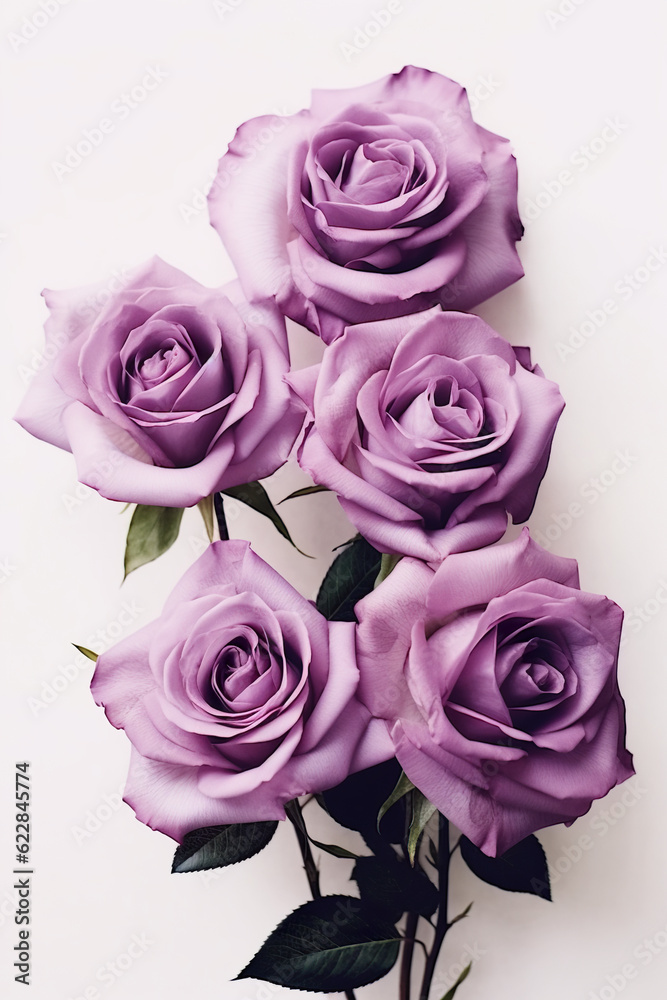 A bunch of purple roses sitting on top of a table. Generative AI.