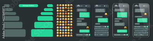 Smartphone messaging app, user interface with emoji. SMS text frame. Chat screen, green message bubbles. Texting app for communication. Social media application. Dark mode. Vector illustration