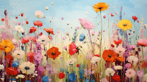 Painting with various colorful flowers in a meadow - generative AI, AI generated