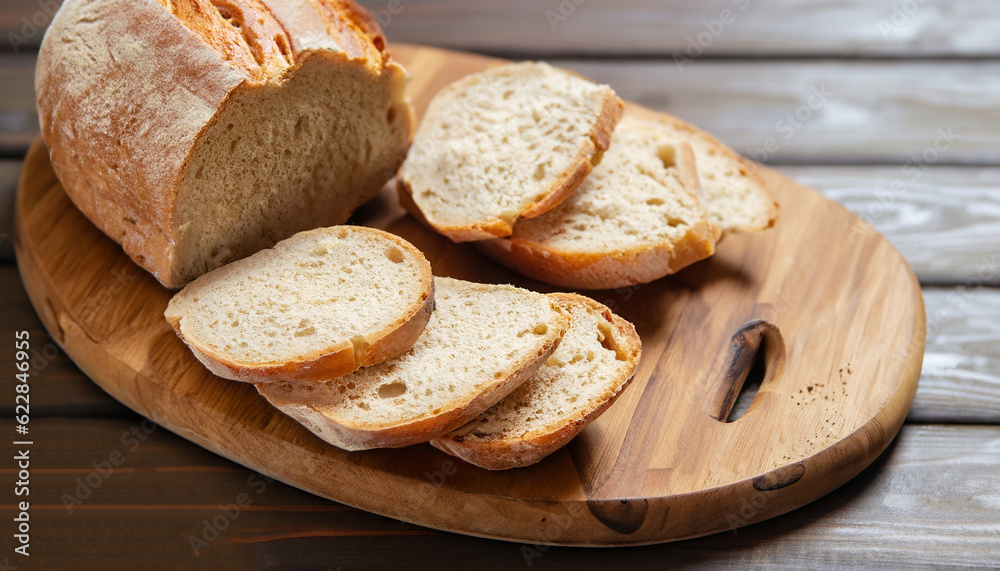 Wooden board with tasty cut bread. selective focus