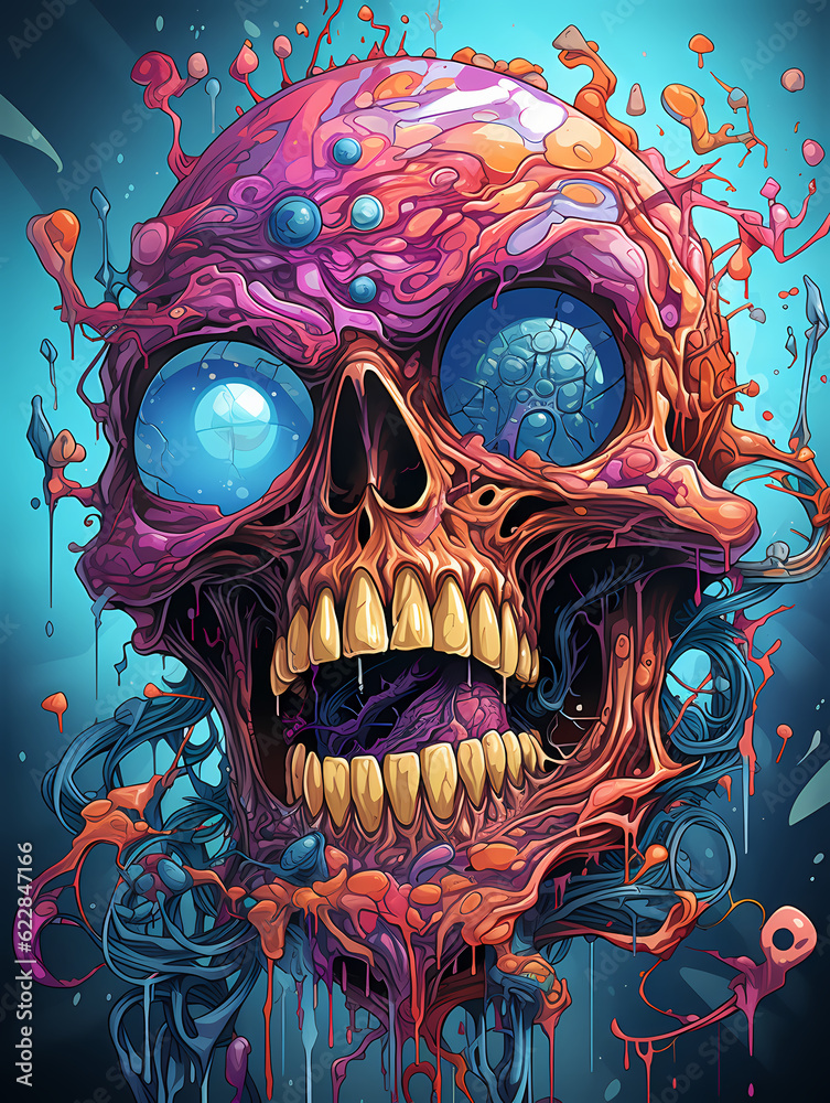 Naklejka premium Skull, tattoo art style, colorful, comic, creepy,