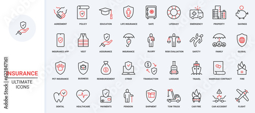 Healthcare, global financial protection shield for health, real estate and business, marriage contract and education agreement. Insurance trendy red black thin line icons set vector illustration. photo