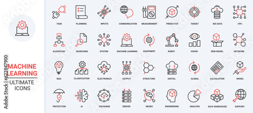 Intelligent machine with neural electronic system, innovation of artificial intelligence digital data support. AI, machine learning science trendy red black thin line icons set vector illustration.