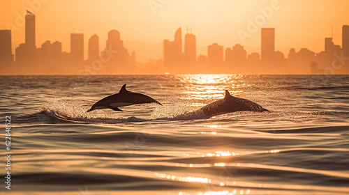 Silhouette of dolphins jumping from the waves with the Gold Coast city skyline in the background