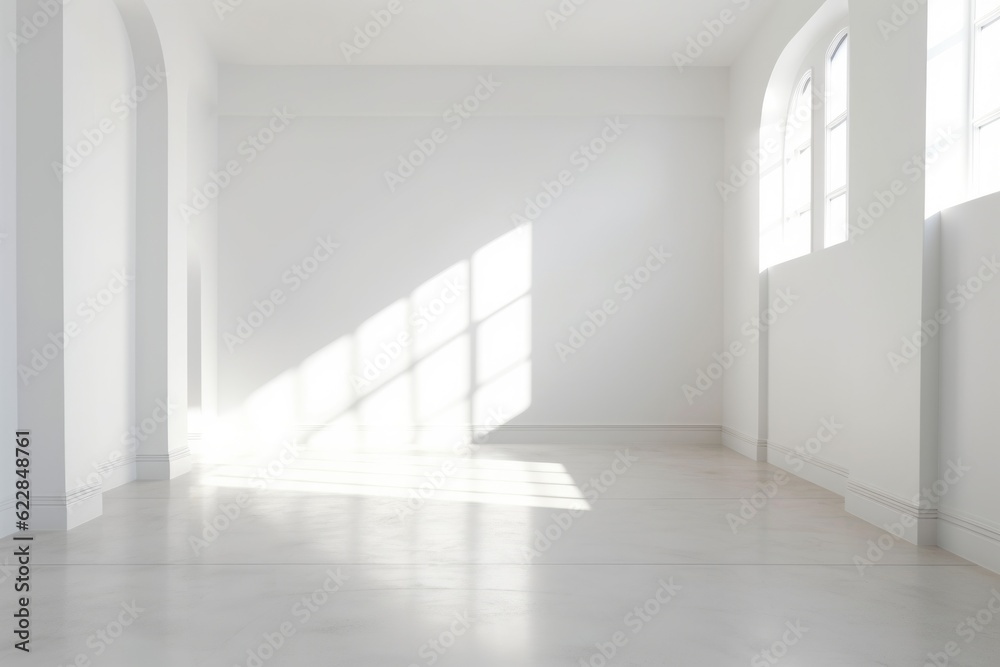 Empty bright room with modern floor and shadow on the wall, Generative AI Empty bright room with modern floor and shadow on the wall, Generative AI