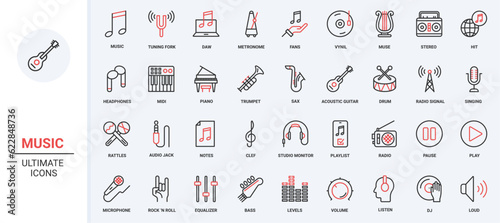 Interface menu buttons volume control pictogram, microphone headphone, acoustic instruments, notes musical digital technology symbols. Music trendy red black thin line icons set vector illustration.