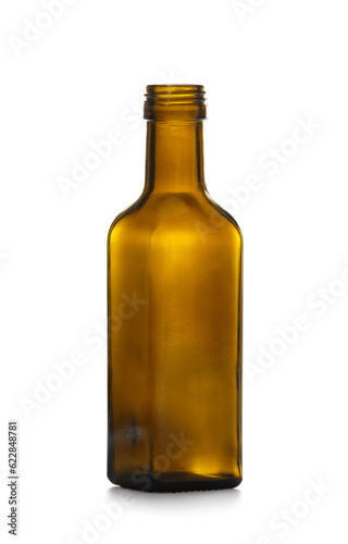 Empty square shaped brown glass bottle isolated on white background.