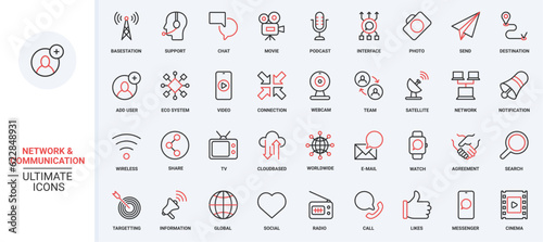 Global support, communication tower satellite system, email notification chat messages symbols. Vector illustration of trendy red black thin line icons set for social media global network technology.